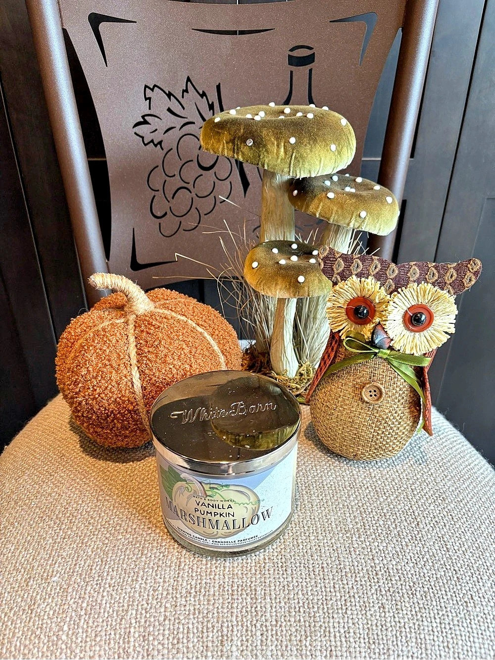 Fall Autumn Décor Bundle Pumpkin, Vintage Owl Mushrooms + B&BW Candle